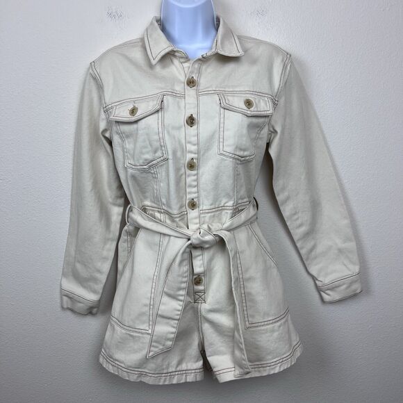 Rhythm Romper Womens Medium Sinclair Denim Boiler Suit Romper Utility Cream - Picture 12 of 13